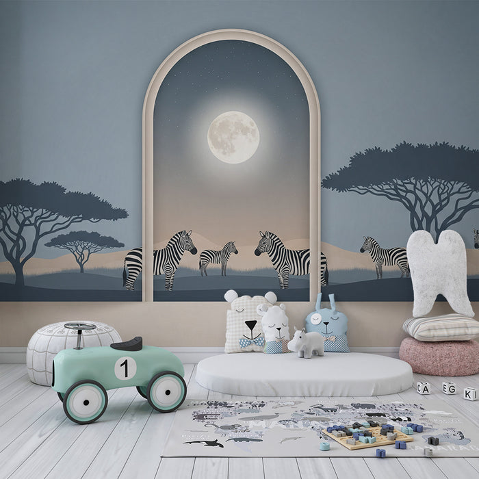 Papel de parede para quarto infantil | Zebras ao luar numa paisagem africana