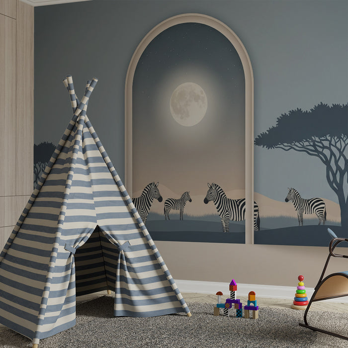 Papel de parede para quarto infantil | Zebras ao luar numa paisagem africana