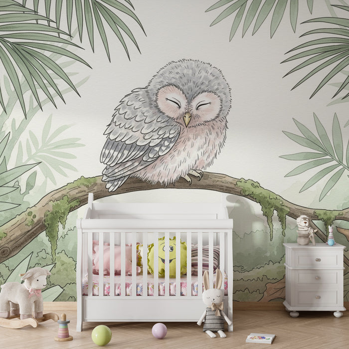 Papier peint chambres enfants | Hibou qui dort dans la jungle