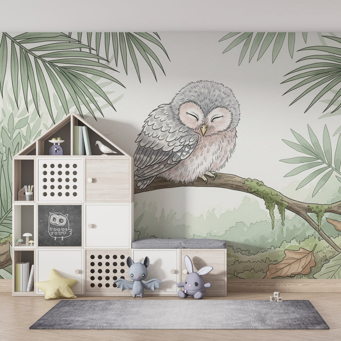 Papier peint chambres enfants | Hibou qui dort dans la jungle