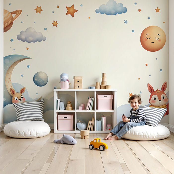 Papier peint animaux cosmiques | Nuit étoilée avec renard et lune