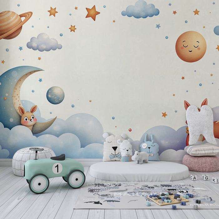 Papier peint animaux cosmiques | Nuit étoilée avec renard et lune