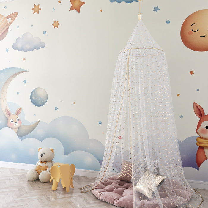 Papier peint animaux cosmiques | Nuit étoilée avec renard et lune