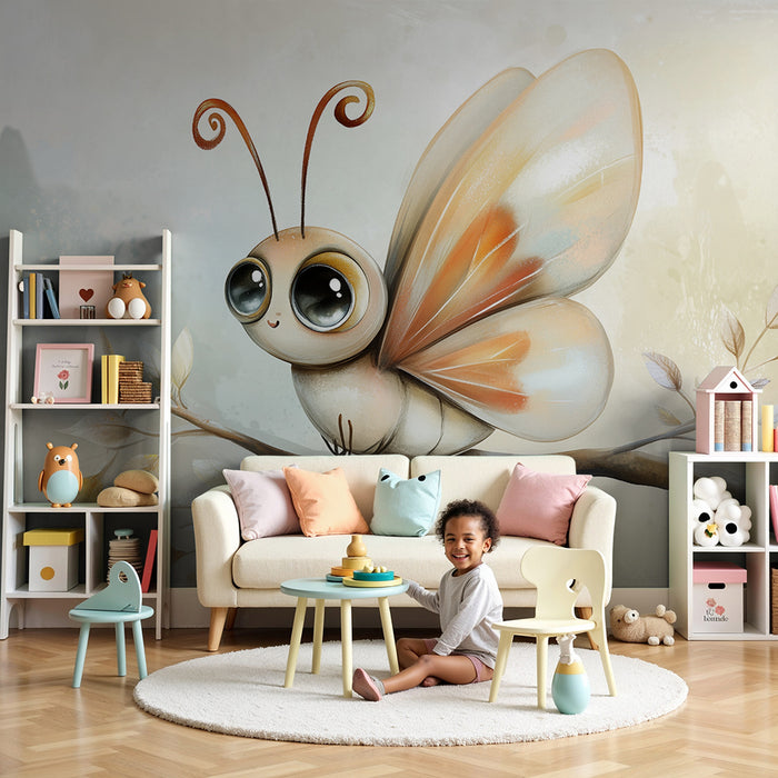 Papel de parede criança | Adorável borboleta e folhas pastel
