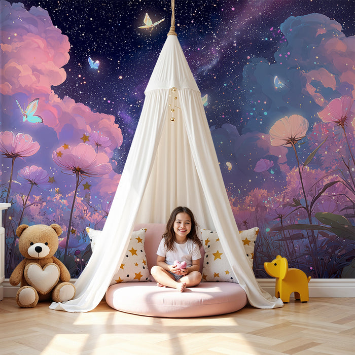 Papier de parede dječje sobe | Zvjezdano noćno nebo i čarobni leptirići