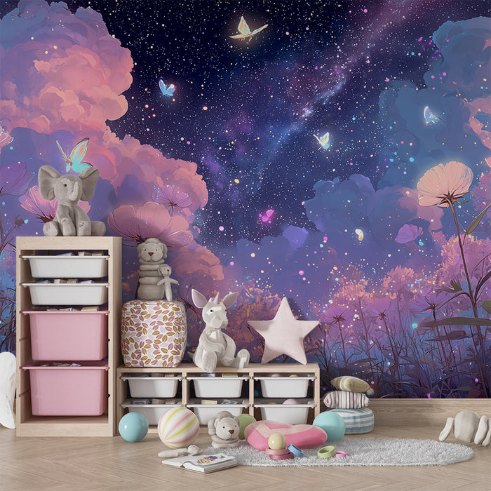 Papier de parede dječje sobe | Zvjezdano noćno nebo i čarobni leptirići