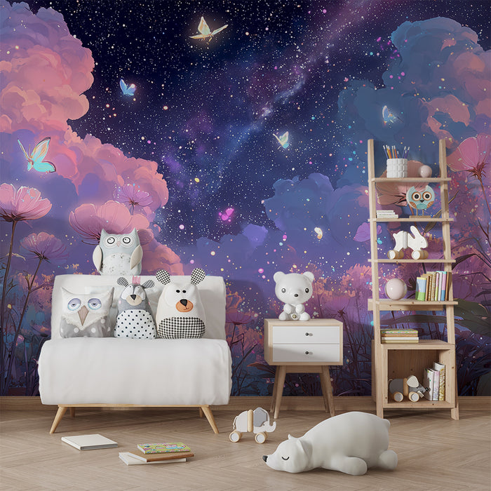 Papier de parede dječje sobe | Zvjezdano noćno nebo i čarobni leptirići