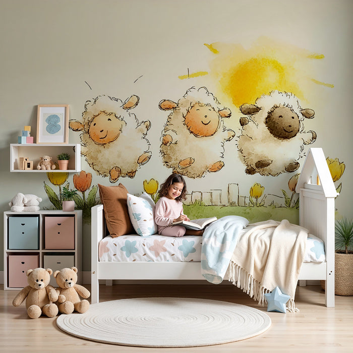 Tapeta z owcami | Wesoły wiosenny rysunek