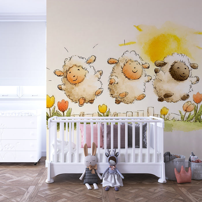 Tapeta z owcami | Wesoły wiosenny rysunek