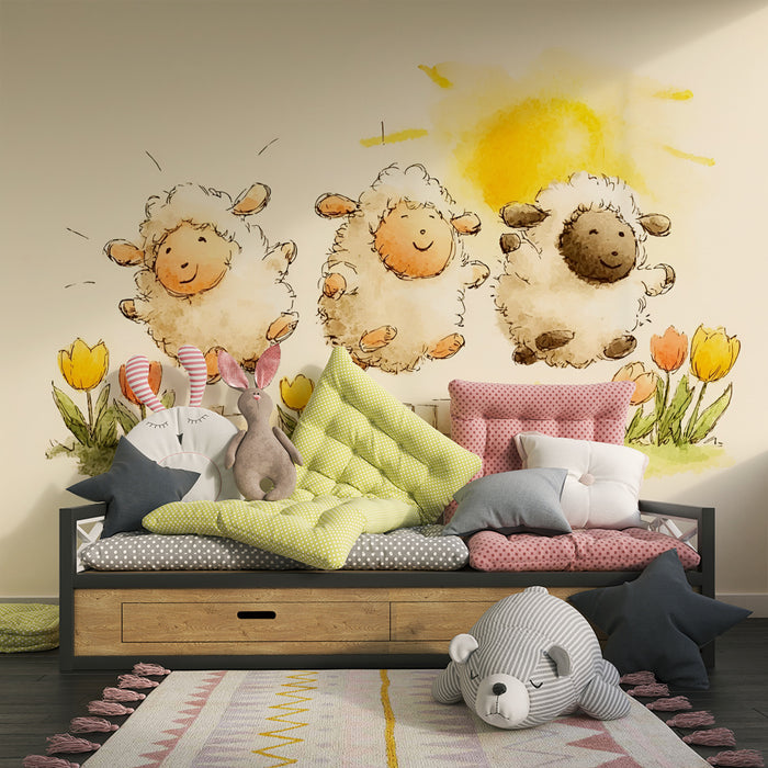 Tapeta z owcami | Wesoły wiosenny rysunek