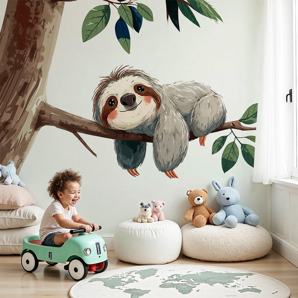 Børneværelse tapet | Illustration af en dovendyr på træetI18n Error:  Missing interpolation value \, image size:1000x1000