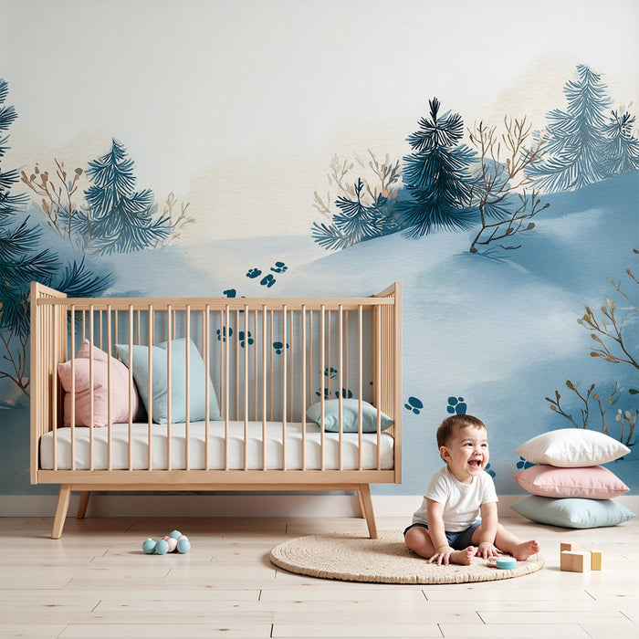Papier peint chambre enfant | Paysage enneigé et empreintes mystérieuses