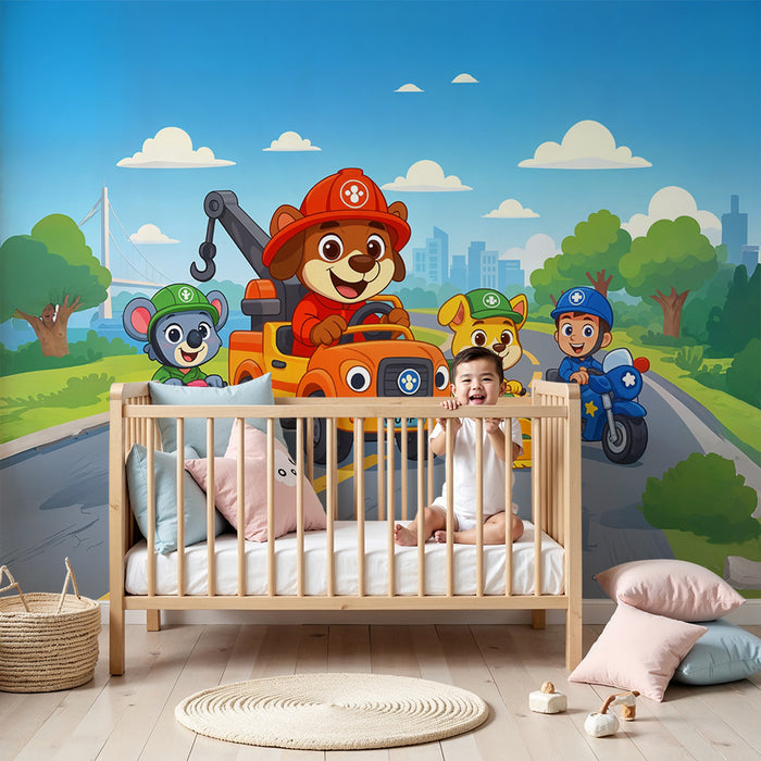 Børneværelse tapet eventyrkøretøjer | Sjove dyrekarakterer