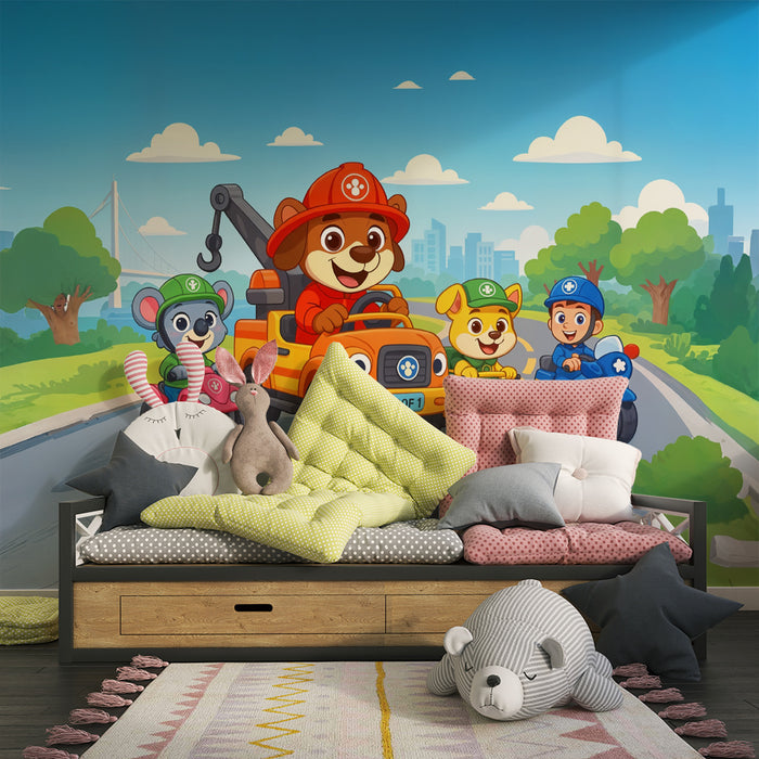 Børneværelse tapet eventyrkøretøjer | Sjove dyrekarakterer