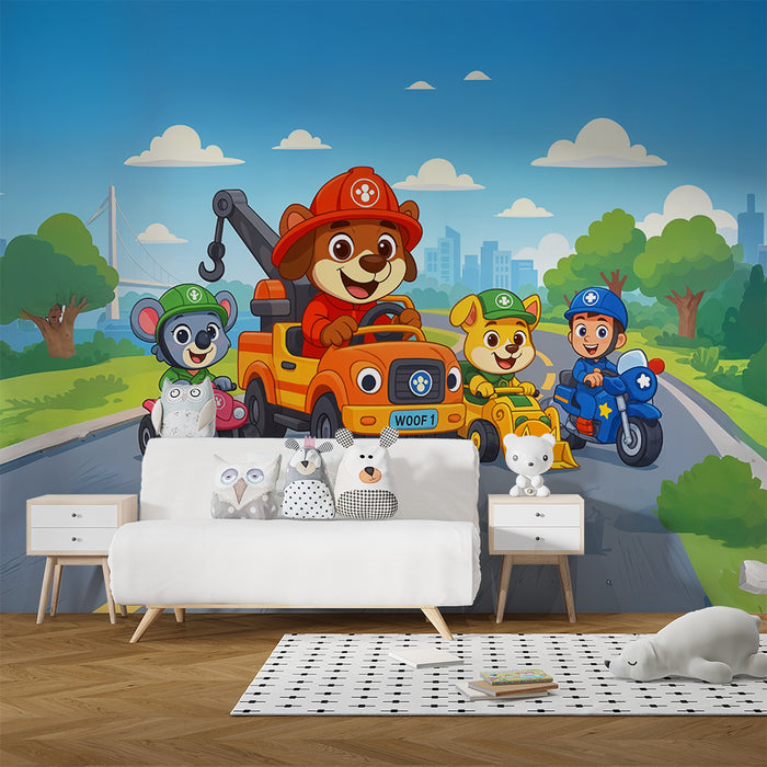 Børneværelse tapet eventyrkøretøjer | Sjove dyrekarakterer