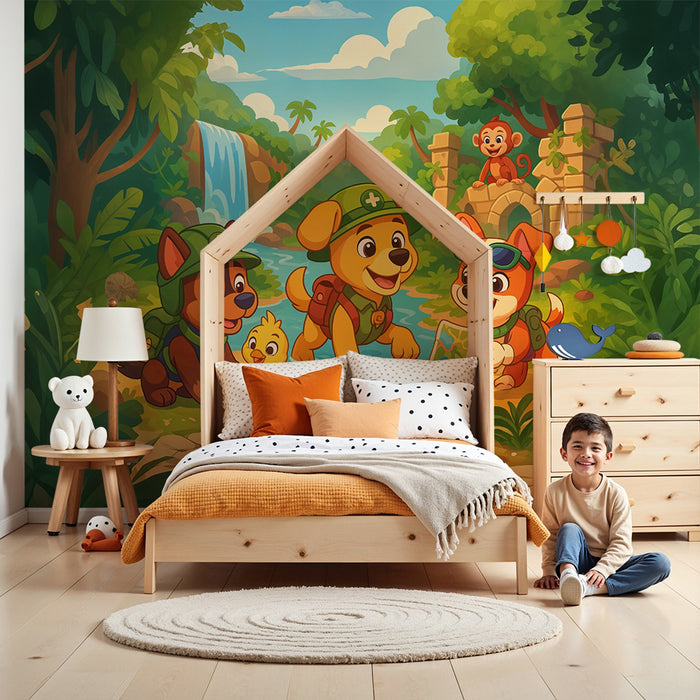Børneværelse tapet jungle eventyr | Udforskende hund og farverig natur