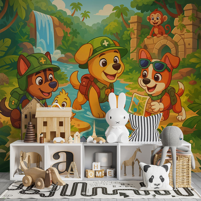 Børneværelse tapet jungle eventyr | Udforskende hund og farverig natur