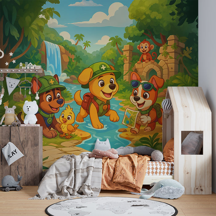 Børneværelse tapet jungle eventyr | Udforskende hund og farverig natur