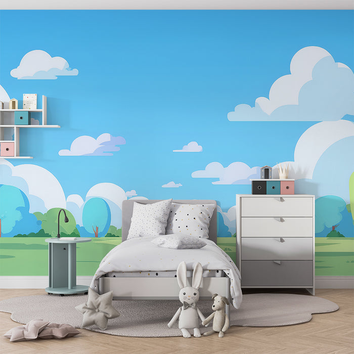 Papel pintado infantil | Paisaje de nubes y árboles pastel