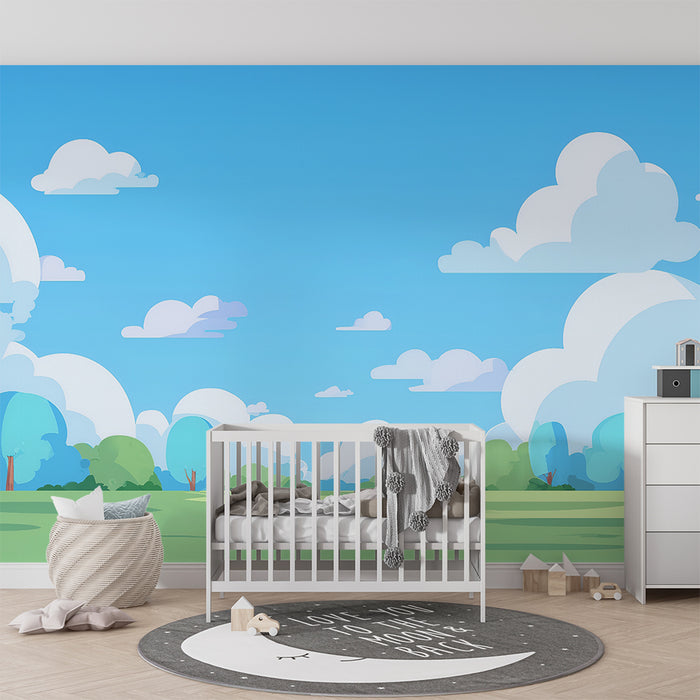 Papel pintado infantil | Paisaje de nubes y árboles pastel
