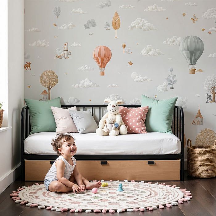 Papel de parede paisagem onírica | Balões de ar quente e animais fantásticos