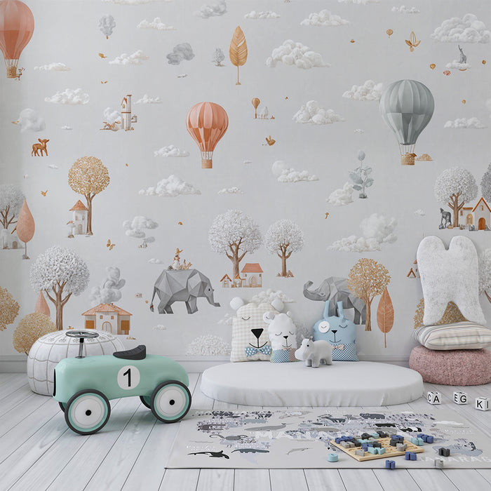 Papel de parede paisagem onírica | Balões de ar quente e animais fantásticos