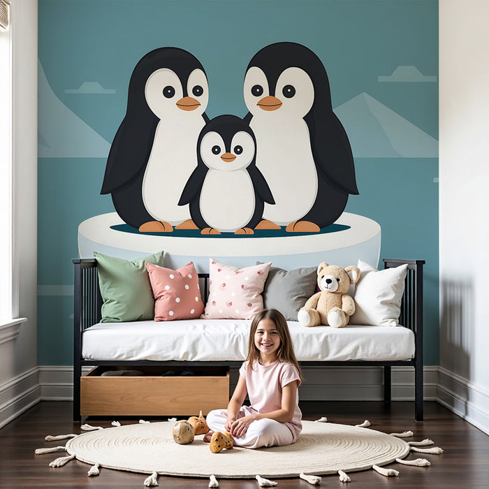 Papel pintado infantil | Familia de pingüinos en el hielo