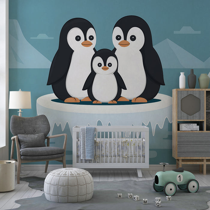 Papel pintado infantil | Familia de pingüinos en el hielo