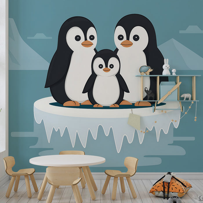 Papel pintado infantil | Familia de pingüinos en el hielo
