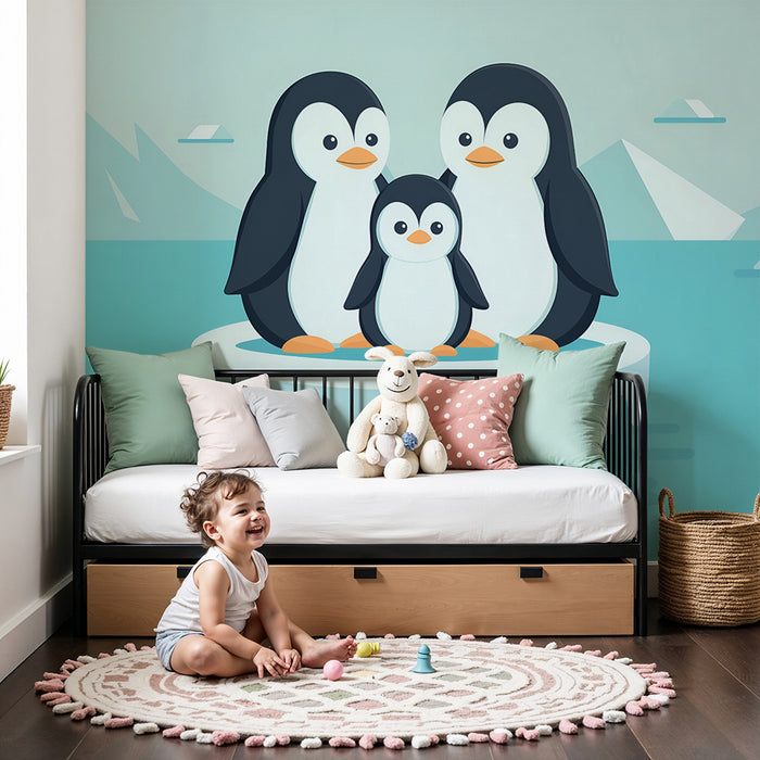 Papel pintado infantil | Familia de pingüinos en la banquisa