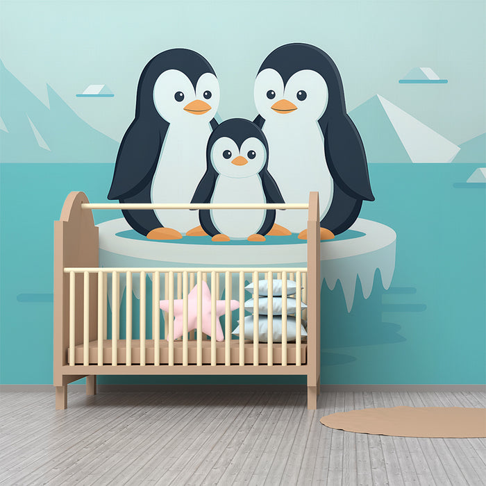 Papel pintado infantil | Familia de pingüinos en la banquisa