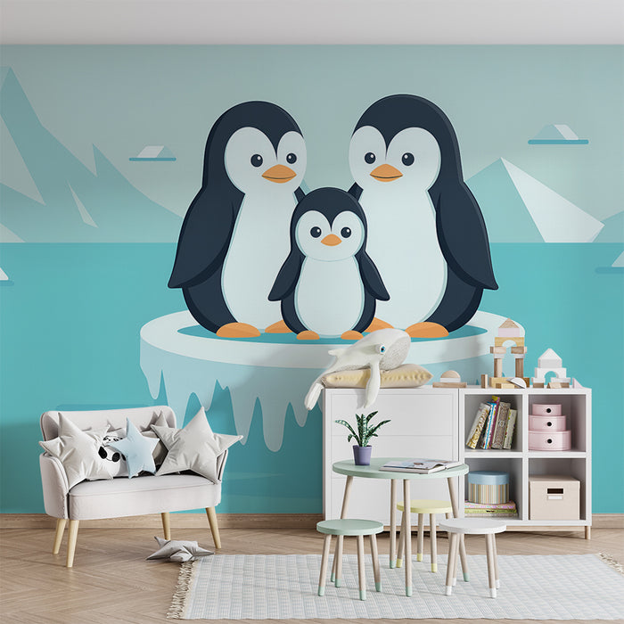 Papel pintado infantil | Familia de pingüinos en la banquisa