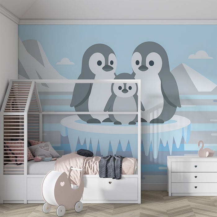 Χαρτί τοίχου παιδικού δωματίου | Οικογένεια πιγκουίνων στον παγετώ