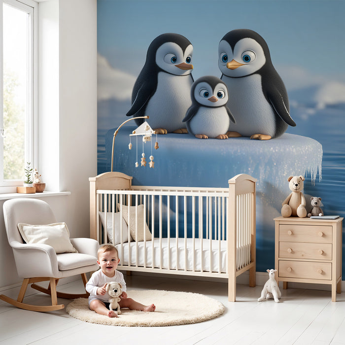 Papel pintado infantil | Familia de pingüinos en un iceberg