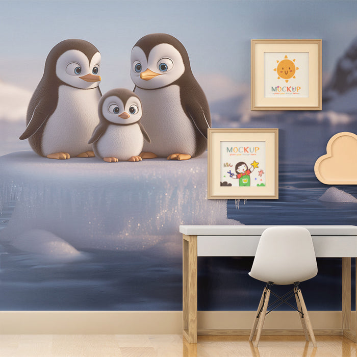 Papel pintado infantil | Familia de pingüinos en un iceberg