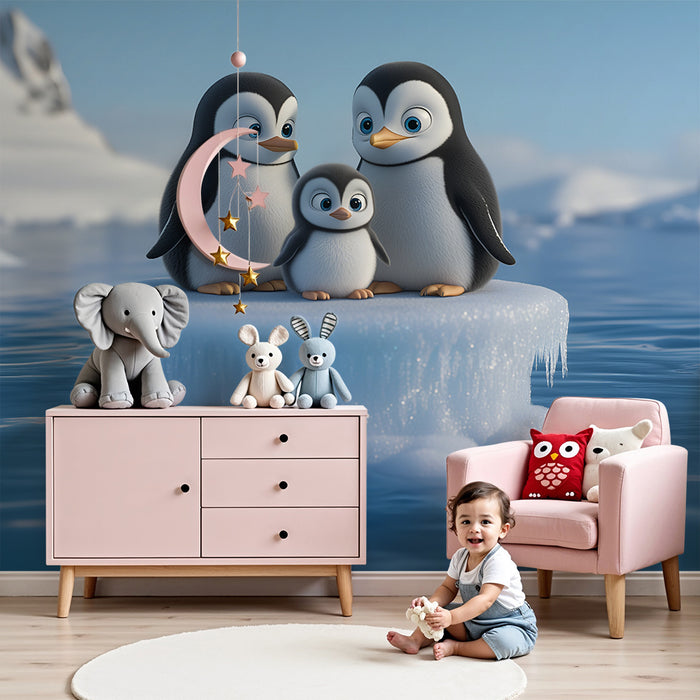 Papel pintado infantil | Familia de pingüinos en el hielo
