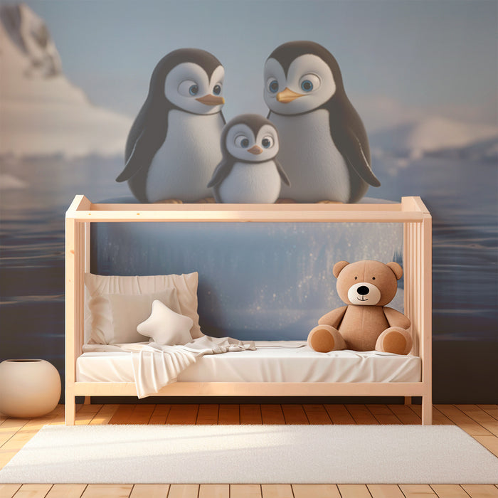 Papel pintado infantil | Familia de pingüinos en el hielo