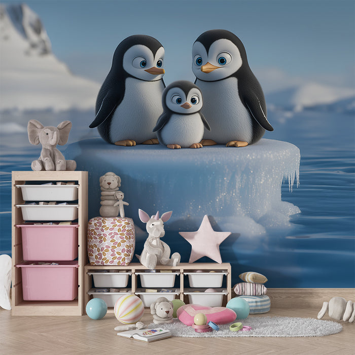 Papel pintado infantil | Familia de pingüinos en el hielo
