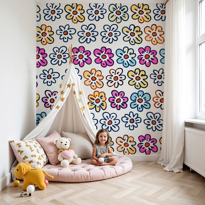 Barntapet | Glada mångfärgade blommor