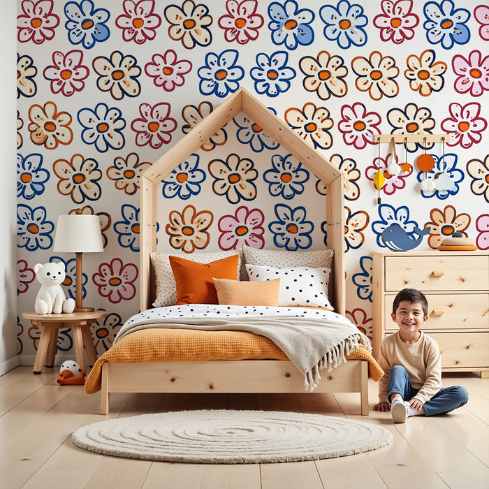 Lastenhuoneen tapetti | Värikkäät leikkisät kukat