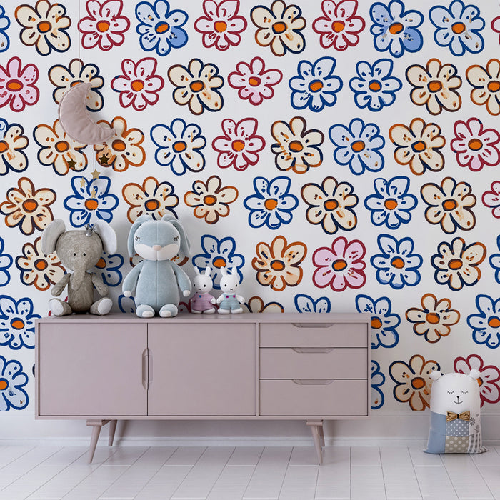 Lastenhuoneen tapetti | Värikkäät leikkisät kukat