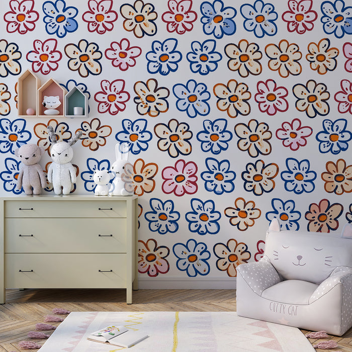 Lastenhuoneen tapetti | Värikkäät leikkisät kukat