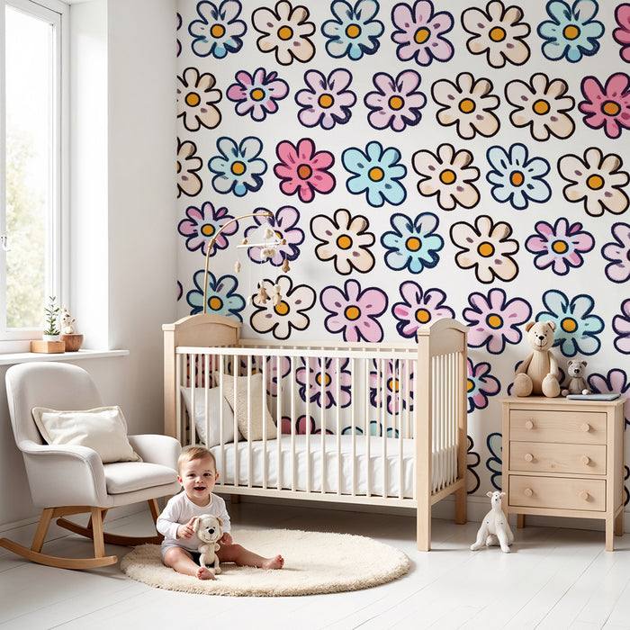 Lastenhuoneen tapetti | Iloiset pastelliväriset kukat