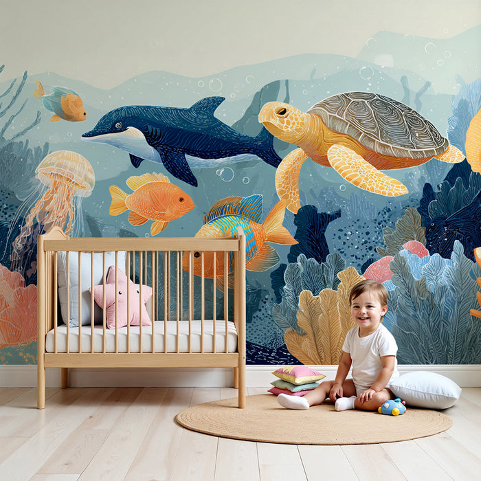 Carta da parati bambini | Universo sottomarino blu e arancione