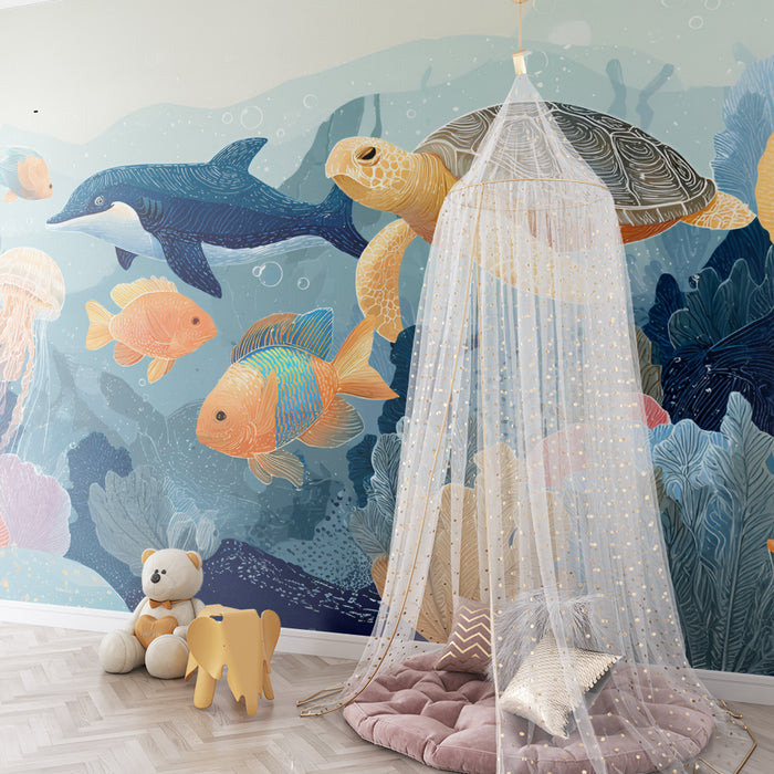 Carta da parati bambini | Universo sottomarino blu e arancione