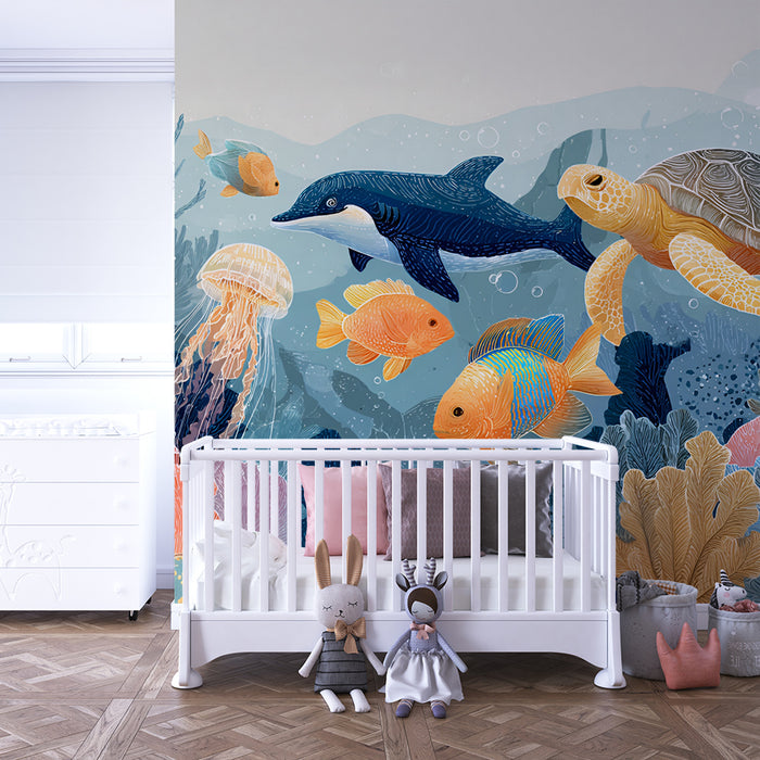 Carta da parati bambini | Universo sottomarino blu e arancione