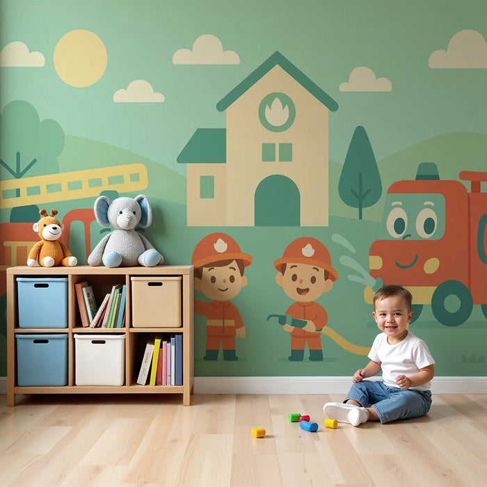 Papel pintado infantil | Valientes bomberos y alegres camiones