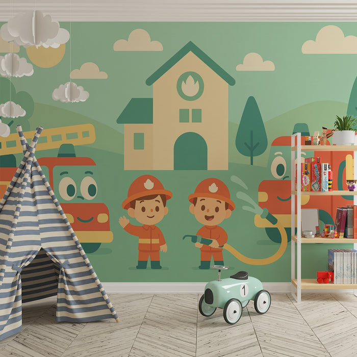 Papel pintado infantil | Valientes bomberos y alegres camiones