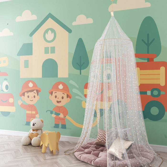 Papel pintado infantil | Valientes bomberos y alegres camiones