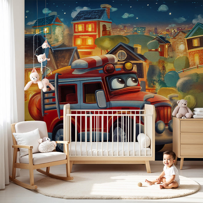 Papier peint chambre enfant | Camion de pompiers cartoon et maisons illuminées